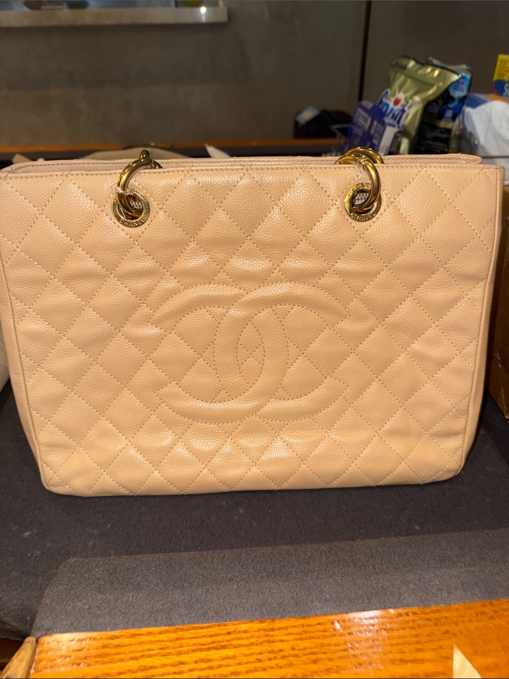 CHANEL Quilted Beige Caviar Leather Tote with Gold Rings